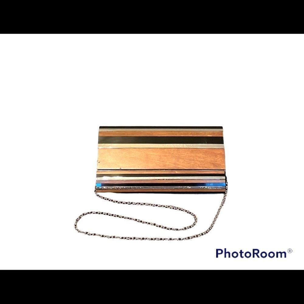 SONDRA Roberts | Unique Multicolored fold over clutch. Wood, silver and black.
